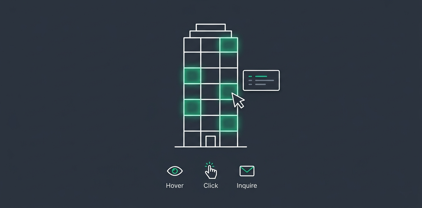 Interactive tower map showing a buyer hovering over a unit with a tooltip displaying pricing and area information