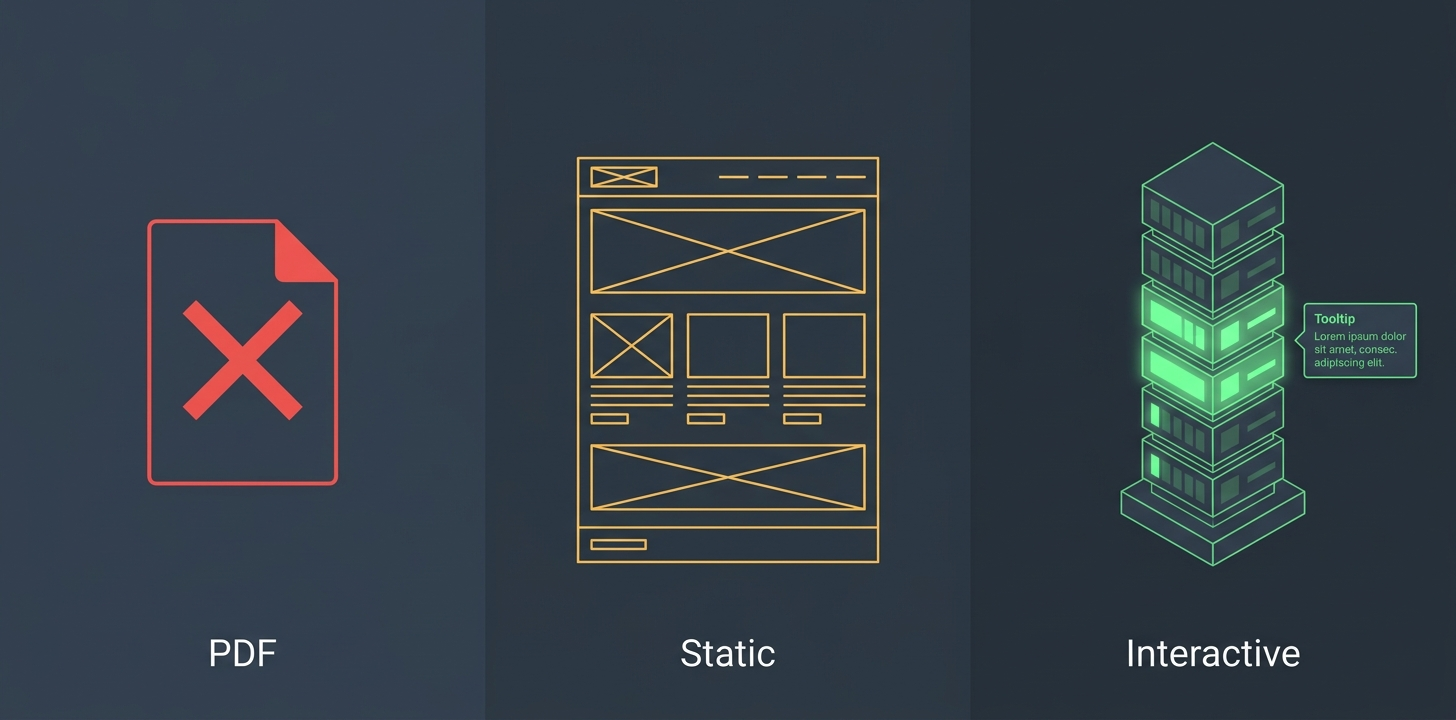 Comparison of static PDF floor plans versus interactive tower maps showing the evolution from PDF downloads to real-time unit exploration