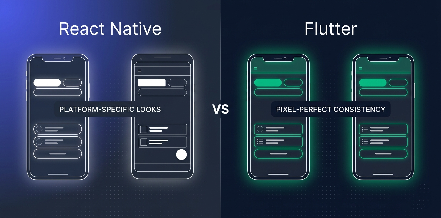 Side-by-side comparison showing React Native using platform native components versus Flutter rendering custom identical UI across both platforms