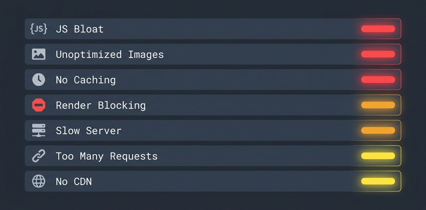 Diagram showing 7 website performance bottlenecks from JavaScript bloat to missing CDN with severity indicators